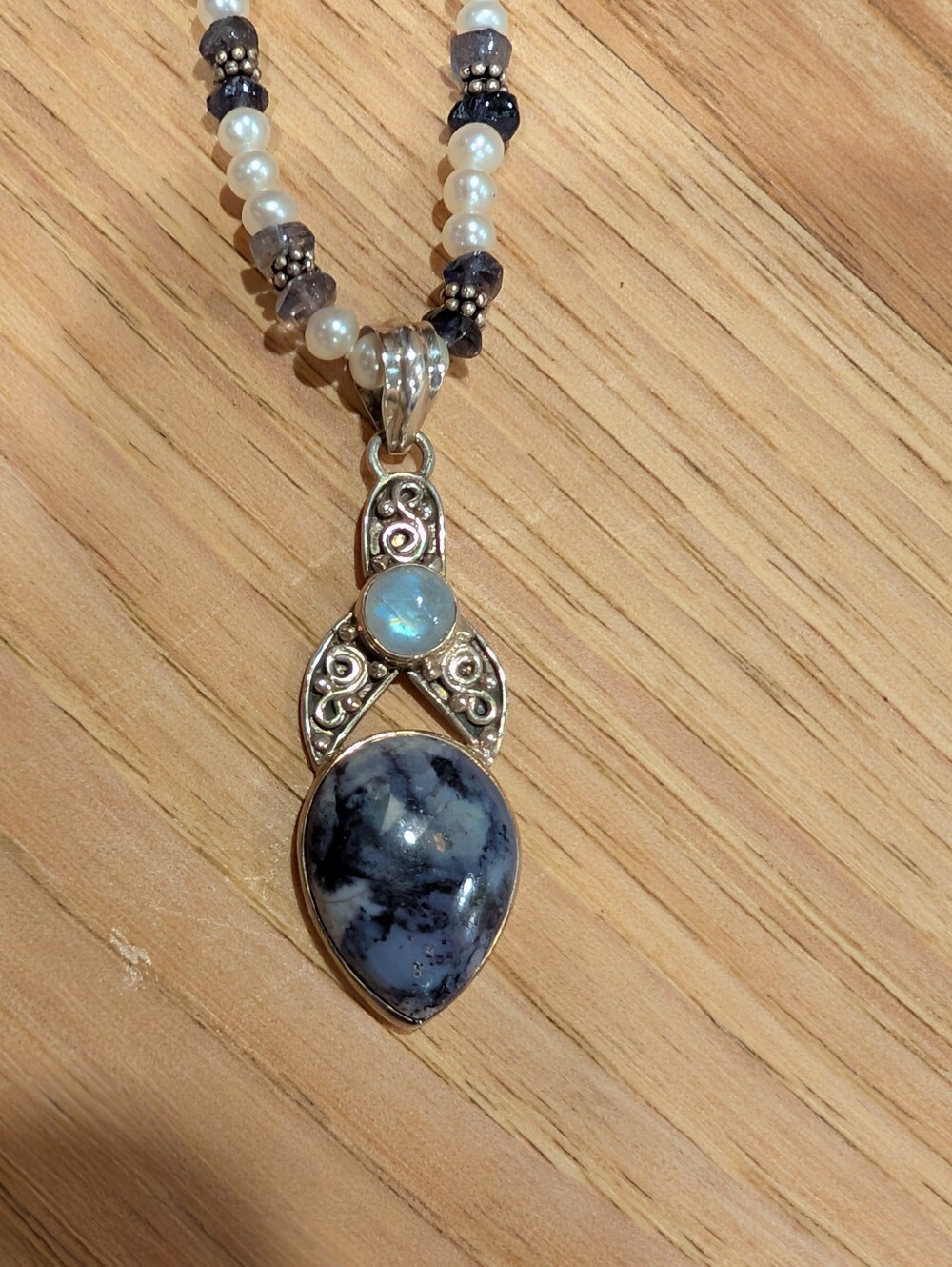 Sterling Silver Blue & White Teardrop Stone Pendant Necklace